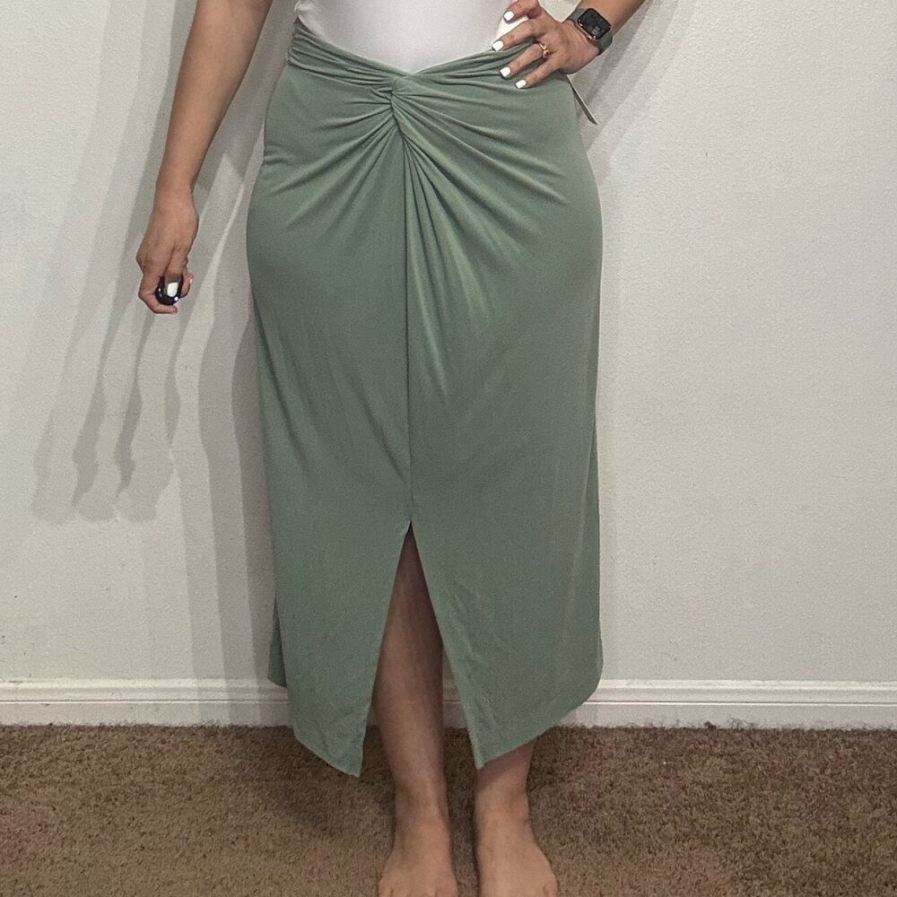 Anthropologie Moss Green Junie Knit Twist Ruched Midi Skirt Sz S NWT
